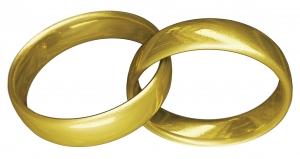 the picture shows two intertwined gold wedding bands